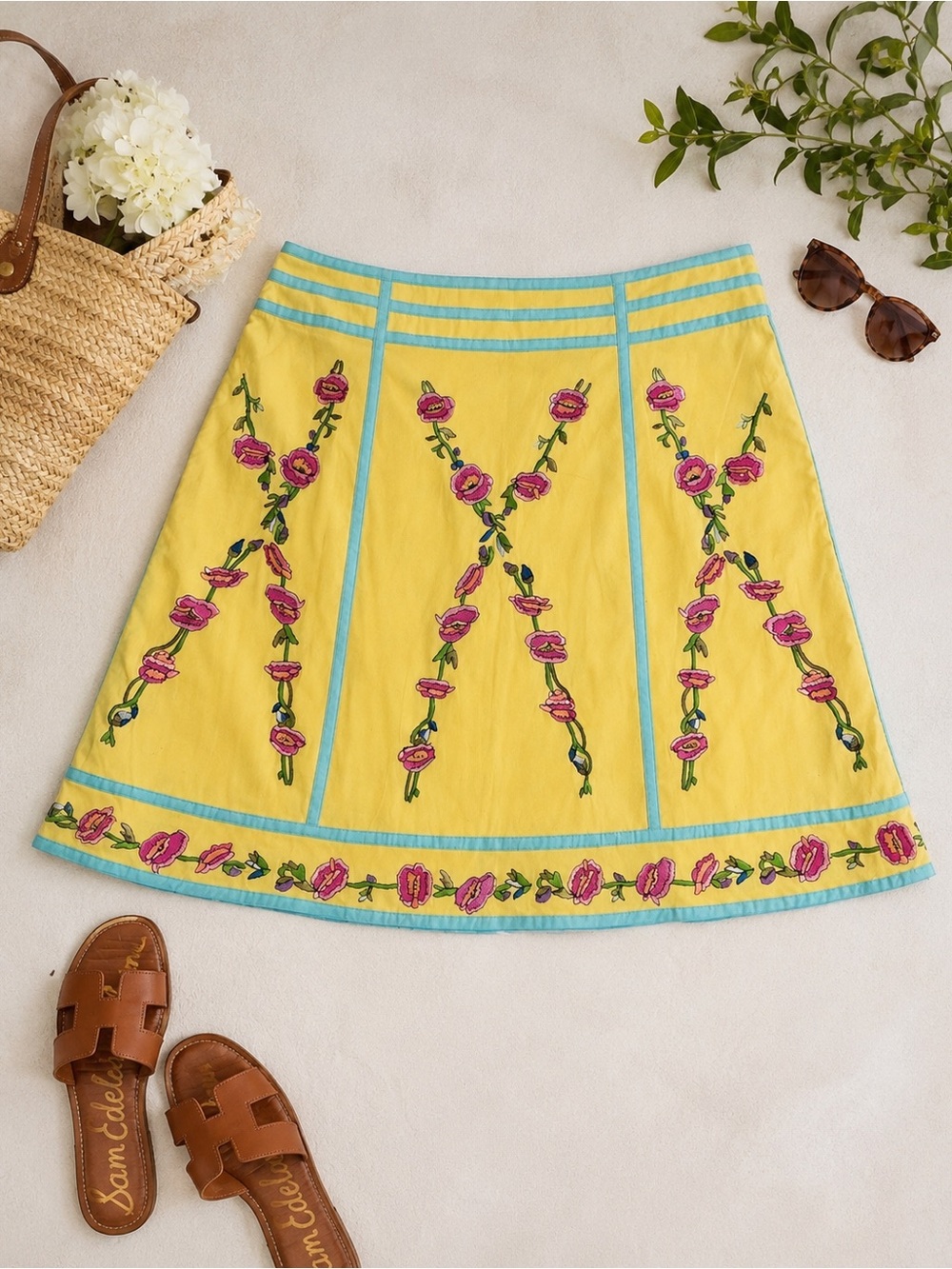 Persaman New York Yellow A-Line Skirt with Pink Floral Embroidery 18W